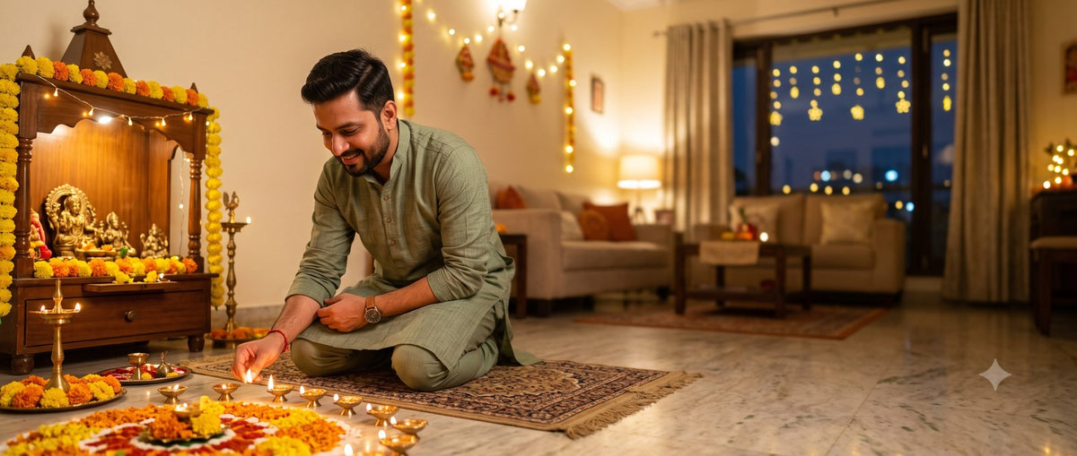 A man lighting diyas at home on Diwali evening, wearing a sage green kurta
