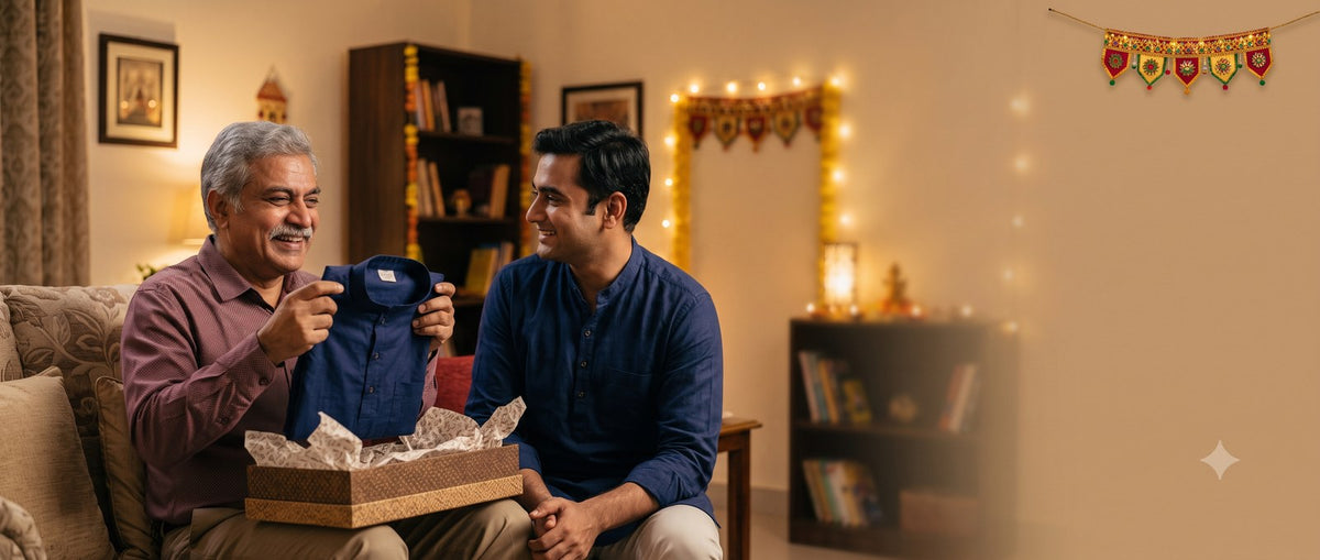 A son gifting his father a navy blue kurta for Diwali, father smiling at home