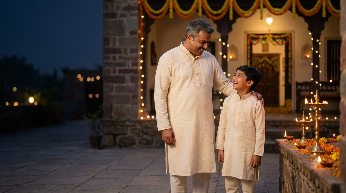 A father and son in cream kurta pajama laughing in a courtyard lit with diyas on Diwali evening