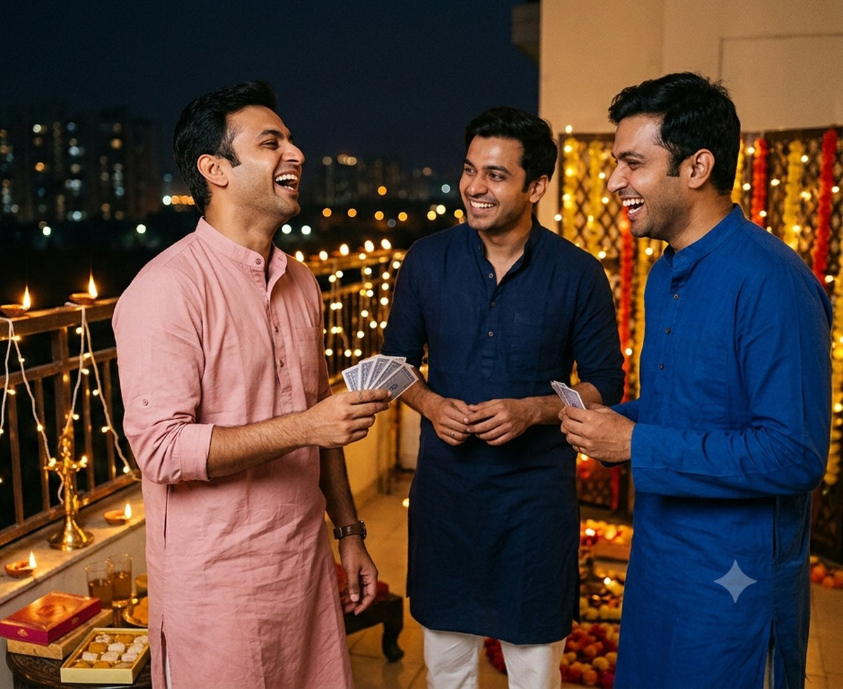 Three friends in blush pink, navy and royal blue kurtas at a Diwali card party on a terrace
